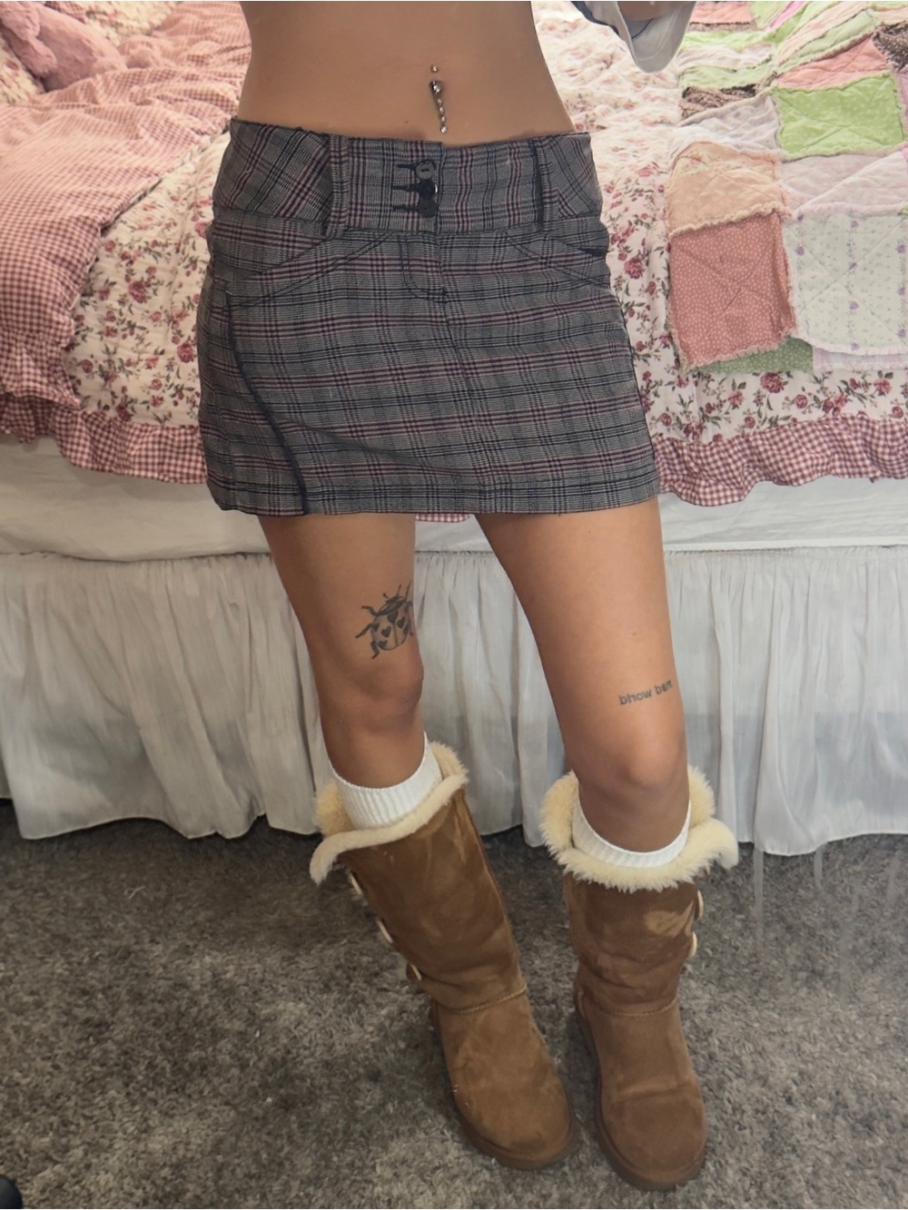 Y2K Plaid Mini Skirt in Grey with Subtle Pink Stripe